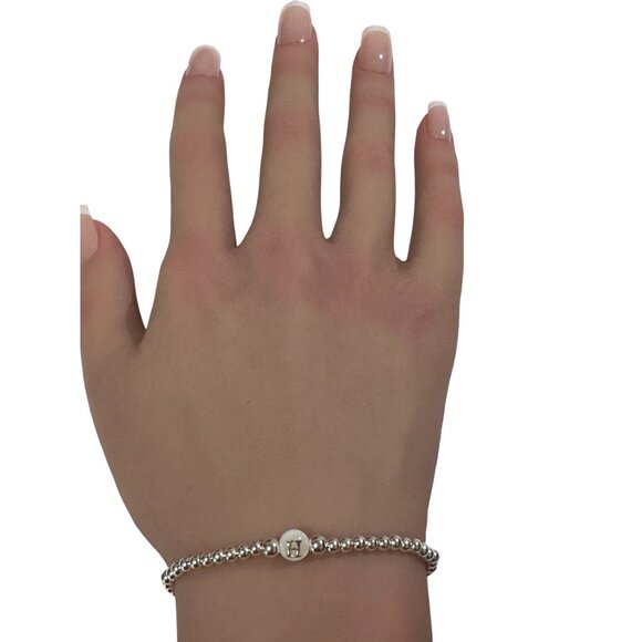925 Sterling Silver Beaded Stretch Stacking Bracelet MOP Letter Initial H - Picture 3 of 6